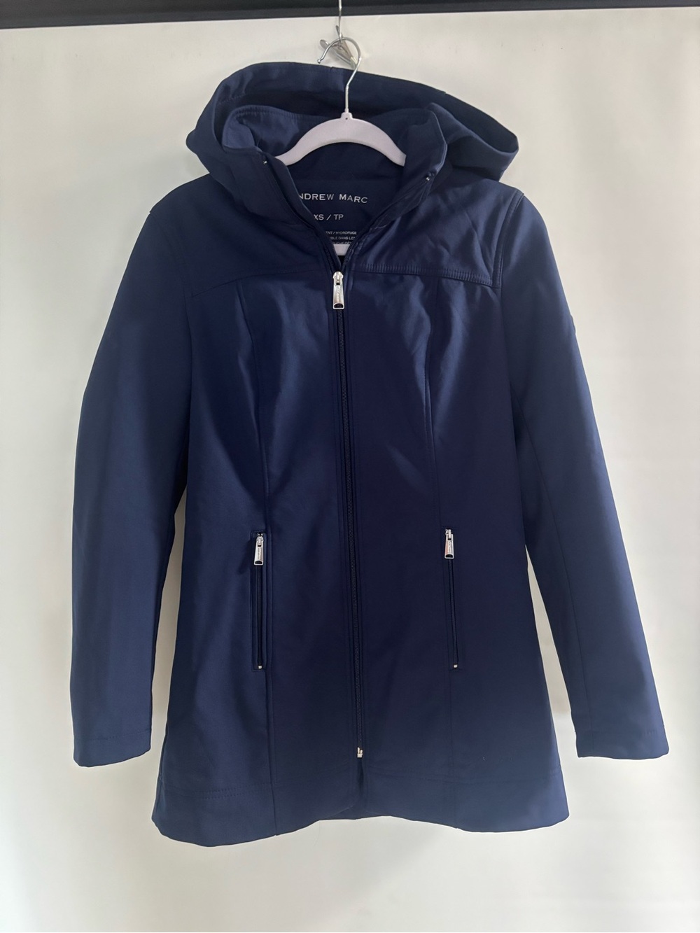 Andrew Marc Navy Hooded Softshell Parka Jacket